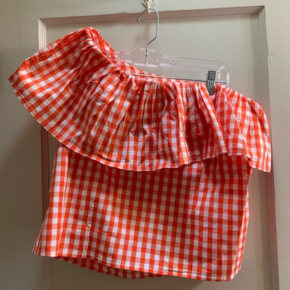 JCrew red gingham one-shoulder ruffle shirt - Picture 1 of 2